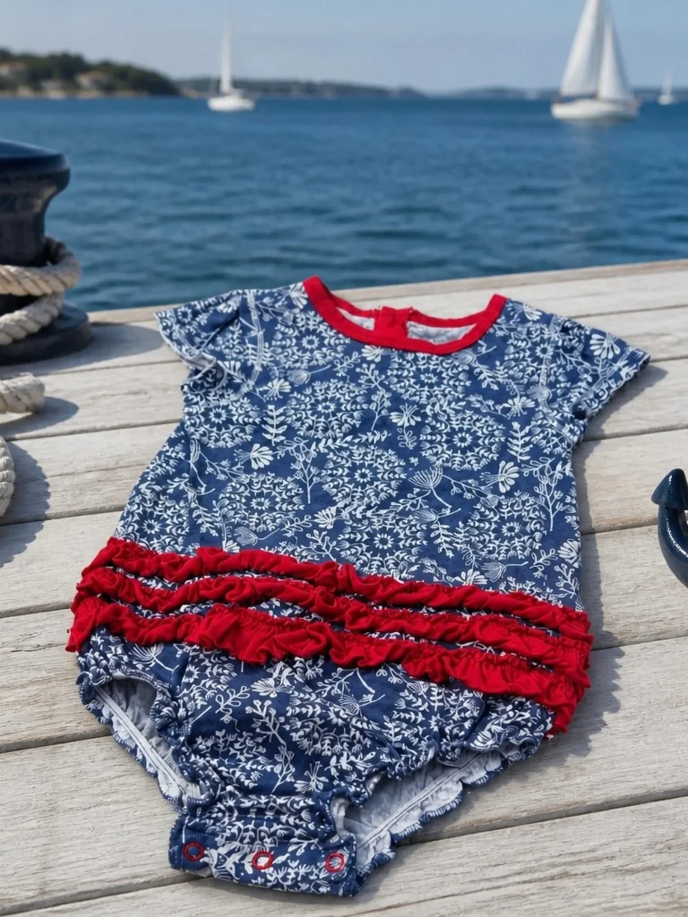 Burts Bees Baby Girls Navy Floral Ruffle One-Piece Bodysuit with Red Trim 6/9
